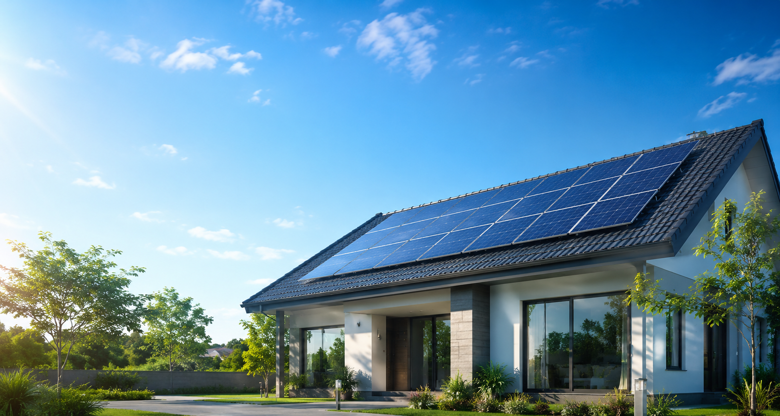 Modern home with rooftop solar panels under a blue sky