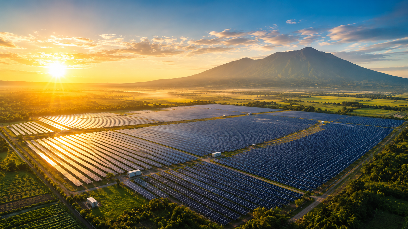 Aerial view of a solar farm with Mount Arayat at sunrise in Pampanga
