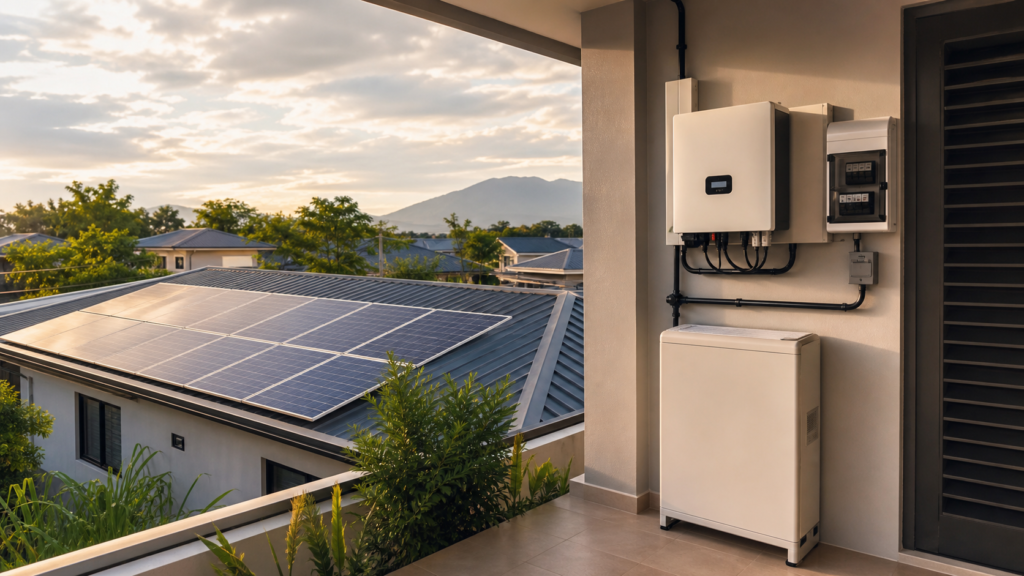 Hybrid solar panels, inverter, and battery installed at a Pampanga home.